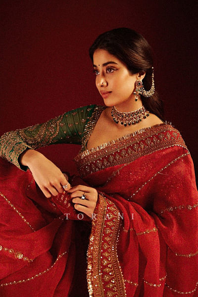 Red embroidered sari set