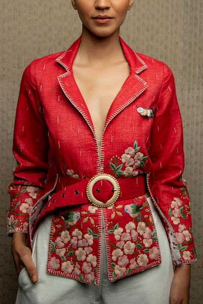 Red floral and bird embroidered shacket