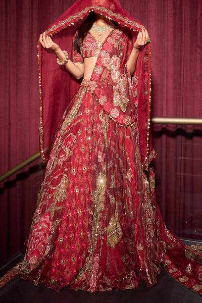 Red floral and geometric printed lehenga set
