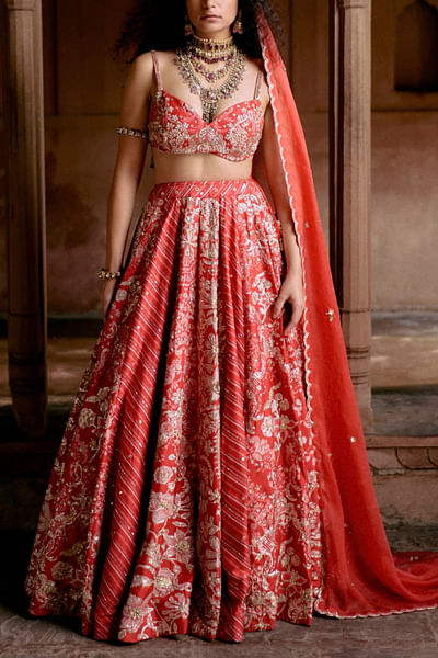 Red floral and leheriya printed lehenga set