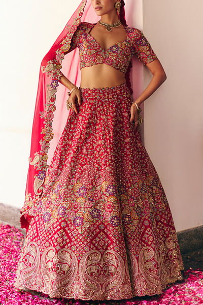 Red floral and paisley embroidery lehenga set