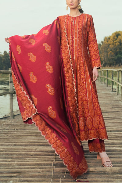 Red floral and paisley woven anarkali set