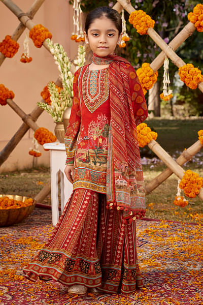 Red floral and stripe print gharara set