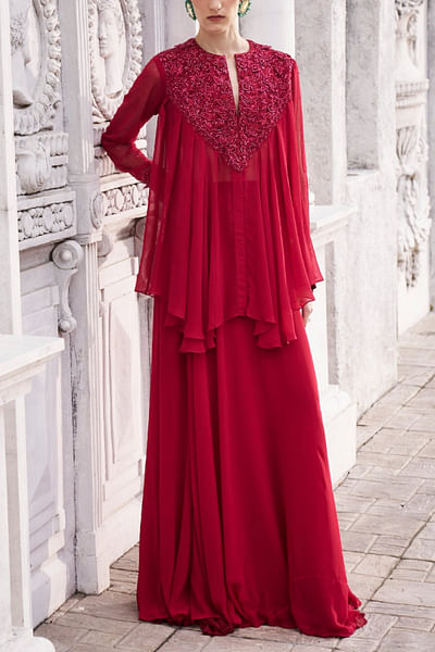 Red floral appliqued kurta sharara set