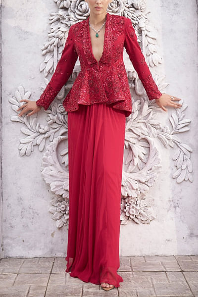 Red floral appliqued peplum skirt set