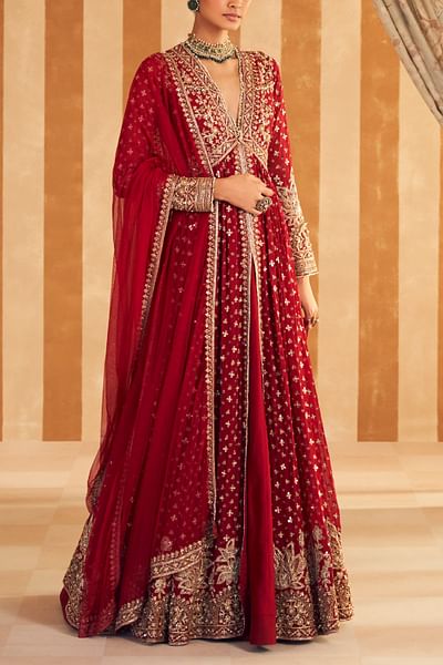 Red floral embroidered anarkali set