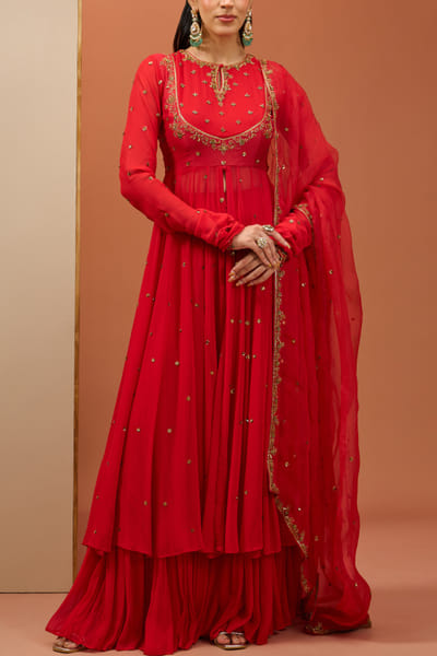 Red floral embroidered anarkali sharara set