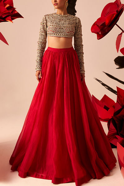 Red floral embroidered blouse and lehenga set