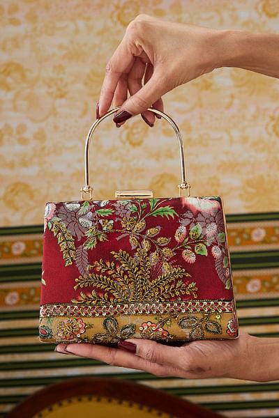 Red floral embroidered box clutch