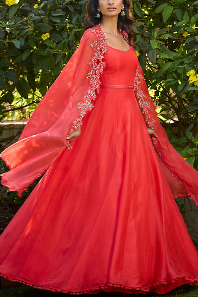 Red floral embroidered cape and anarkali gown