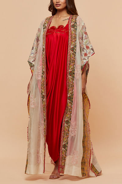 Red floral embroidered cape and draped dress
