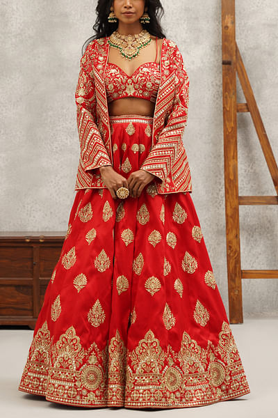 Red floral embroidered jacket lehenga set