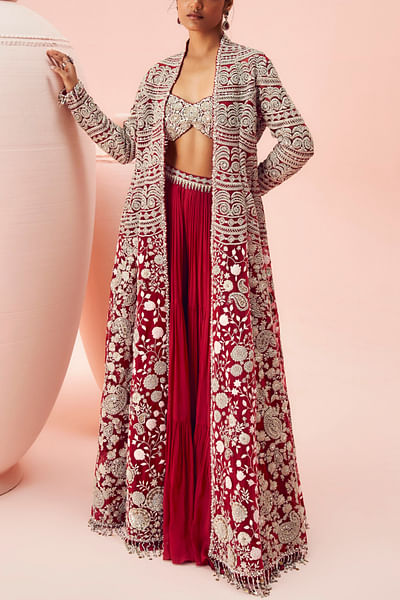 Red floral embroidered jacket set
