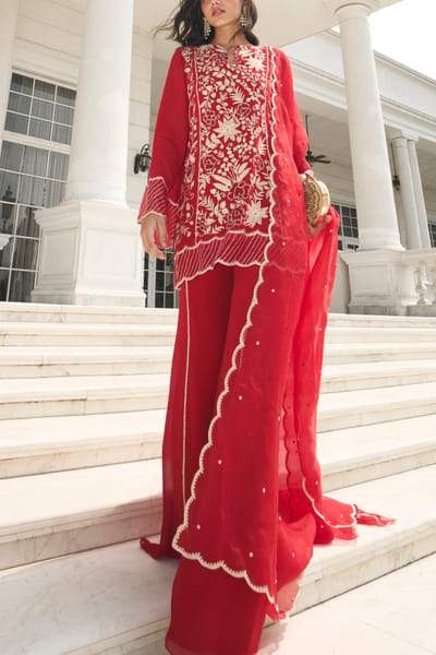 Red floral embroidered kalidar kurta set