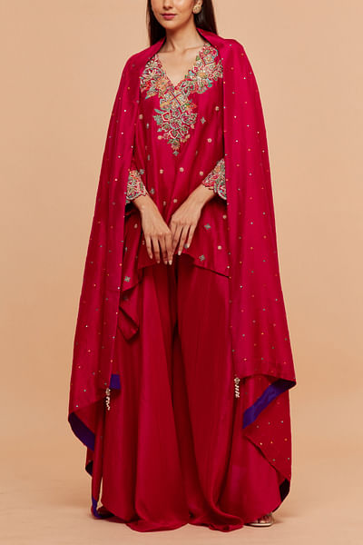 Red floral embroidered kurta set