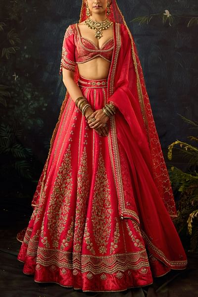 Red floral embroidered lehenga set