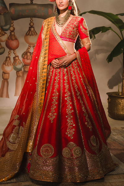 Red floral embroidered lehenga set
