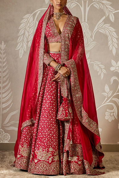 Red floral embroidered lehenga set