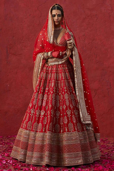 Red floral embroidered lehenga set