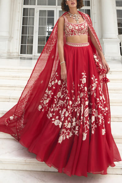 Red floral embroidered lehenga set