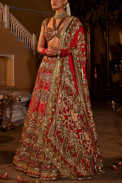 Red floral embroidered lehenga set