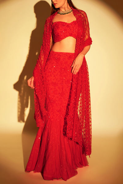 Red floral embroidered mermaid lehenga set
