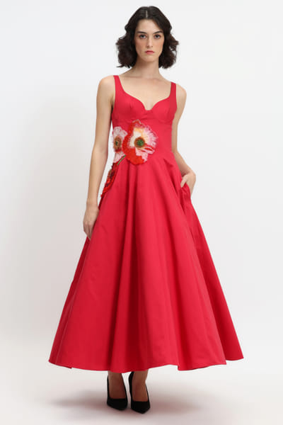 Red floral embroidered midi dress