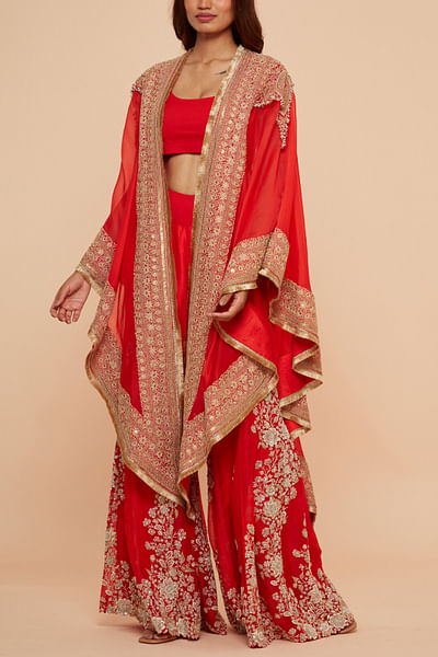 Red floral embroidered sharara and cape set