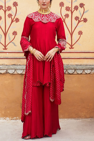 Red floral embroidered sharara set