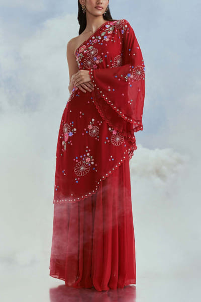 Nachiket Barve Red floral embroidered tunic sharara set NABFEB24D208