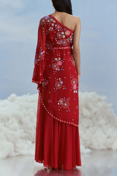 Nachiket Barve Red floral embroidered tunic sharara set NABFEB24D208