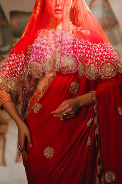 Red floral embroidered veil and sari set