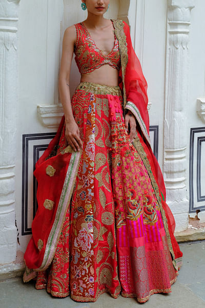 Red floral embroidered woven lehenga set