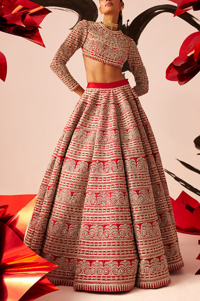 Red floral embroidery blouse and lehenga set