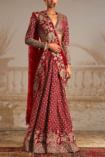 Red floral embroidery lehenga sari set