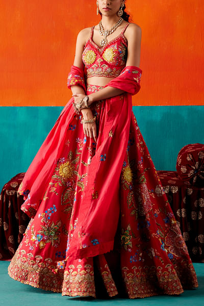 Red floral embroidery lehenga set