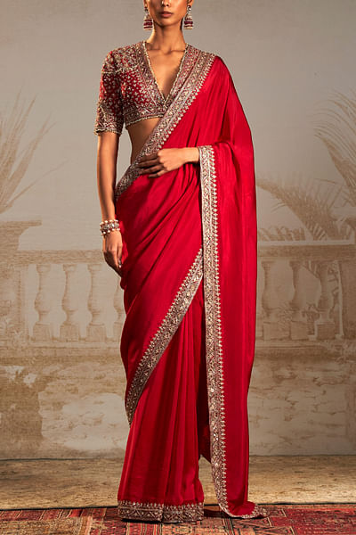 Red floral embroidery sari set
