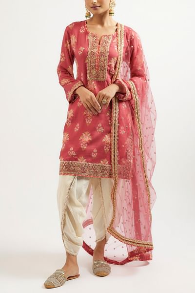 Red floral print embroidered kurta set