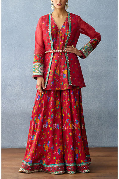 Red floral print jacket and sharara set
