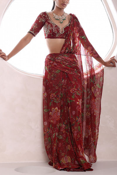 Red floral print pre-draped sari set