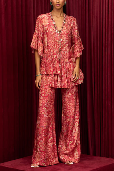 Red floral printed co-ords
