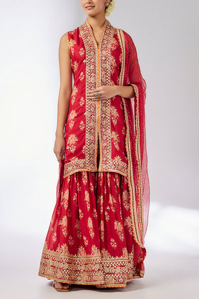 Red floral printed embroidered sharara set