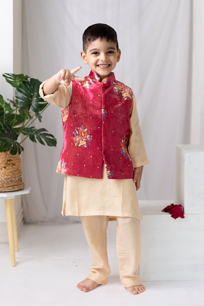 Red floral printed jacket kurta set