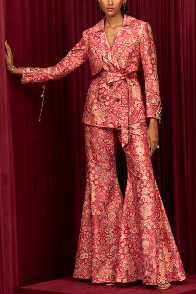 Red floral printed jacket set