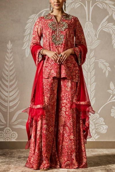 Red floral printed kurta and sharara set