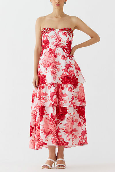 Red floral printed layered dress
