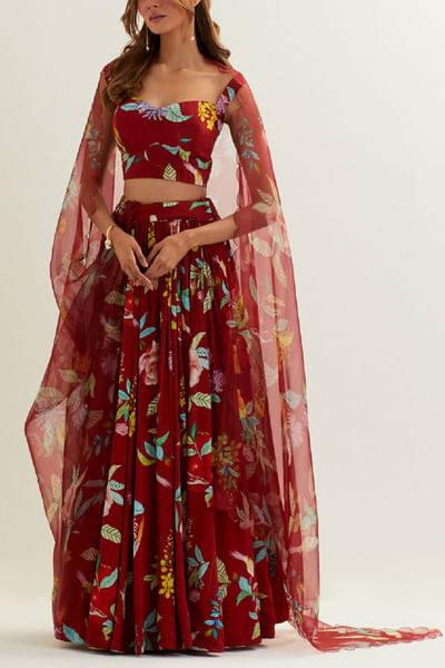 Red floral printed lehenga set
