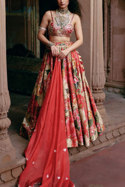 Red floral printed lehenga set