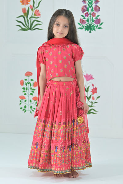 Red floral printed lehenga set
