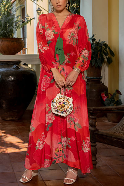 Red floral printed maxi dress set